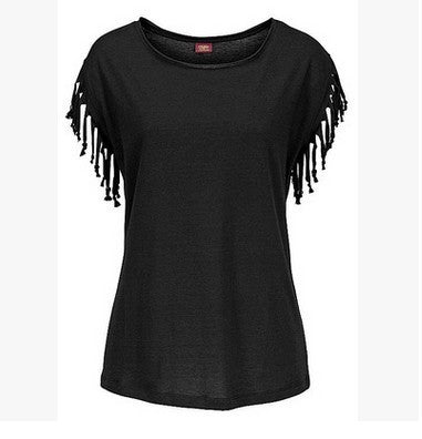 Wish quick sale eBay ladies Europe and America big size round neck short sleeve cuffs tassel T-shirt cotton tops