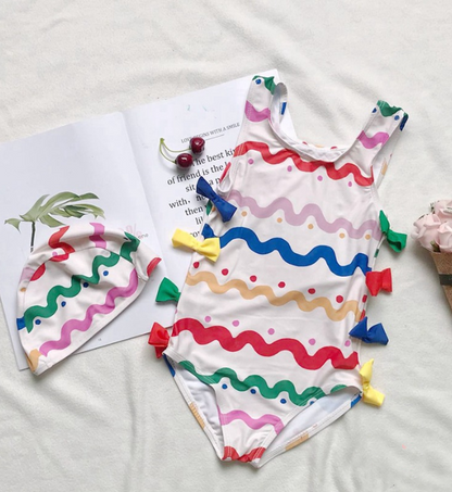 Colorful wave pattern bow conjoined girl swimsuit swimsuit