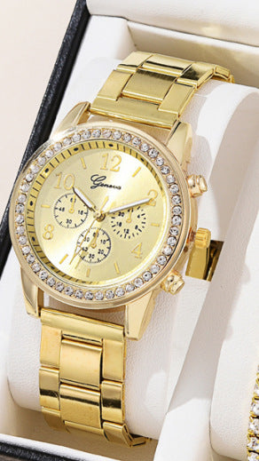 Women's Three-eye Quartz Diamond-embedded Watch