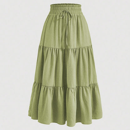 Women's Solid Color High-Waist Knot Detail Flowy Pleated Midi Skirt - Elegant A-Line Skirt For Spring Summer