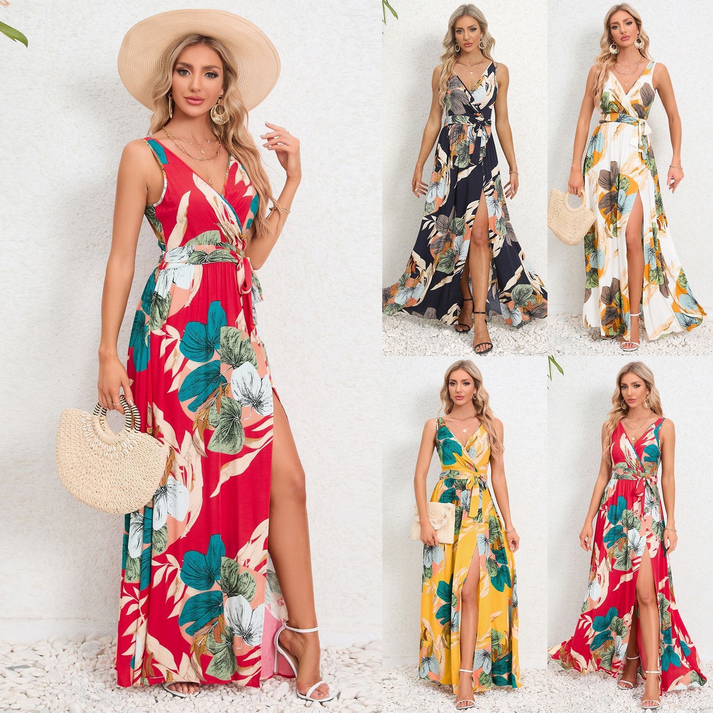 Robe longue à imprimé Floral, col en v, mode d'été, fente à la taille, sans manches, vêtements pour femmes