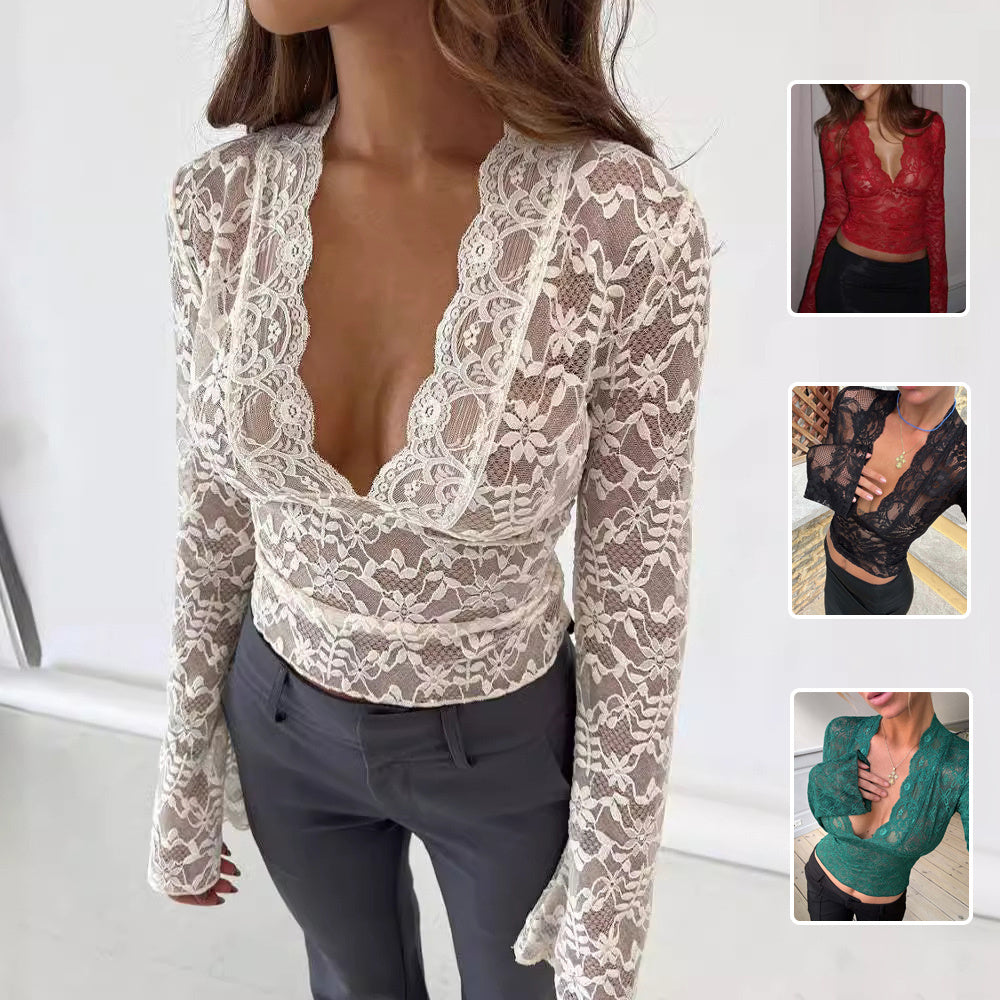 Flowers Lace Long Sleeve Top Y2K Fashion Slim Bottoming Shirt Top Women's Clothing