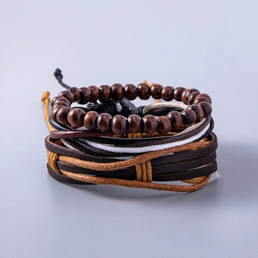 Vintage flerskiktade läder justerbara armband för kvinnor och män träpärlarmband etniska wrap-armband