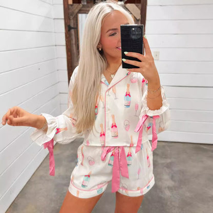 Christmas Bow Long Sleeve Pajamas Shorts Suit