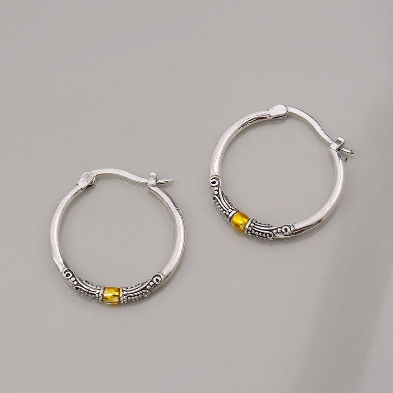 Retro Two-color Ring Earrings Carved Pattern Personality