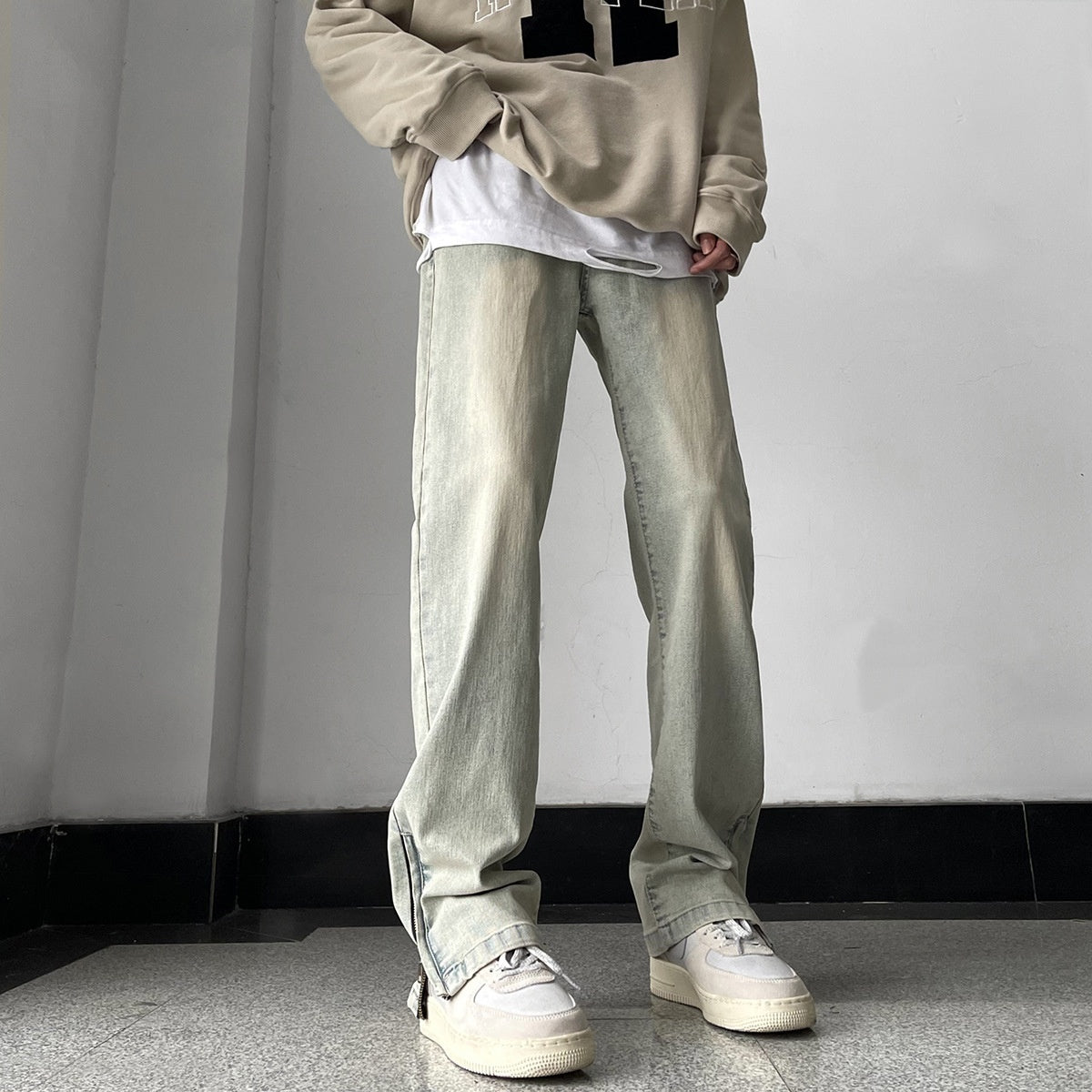 Side Zipper Skinny Jeans For Men Retro Straight-leg Pants