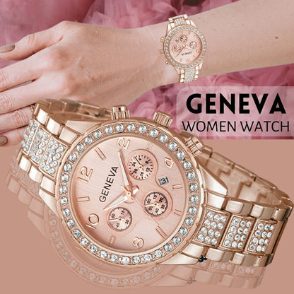 Montre-bracelet ronde à Quartz en cristal d'acier inoxydable classique de luxe de femmes imperméables