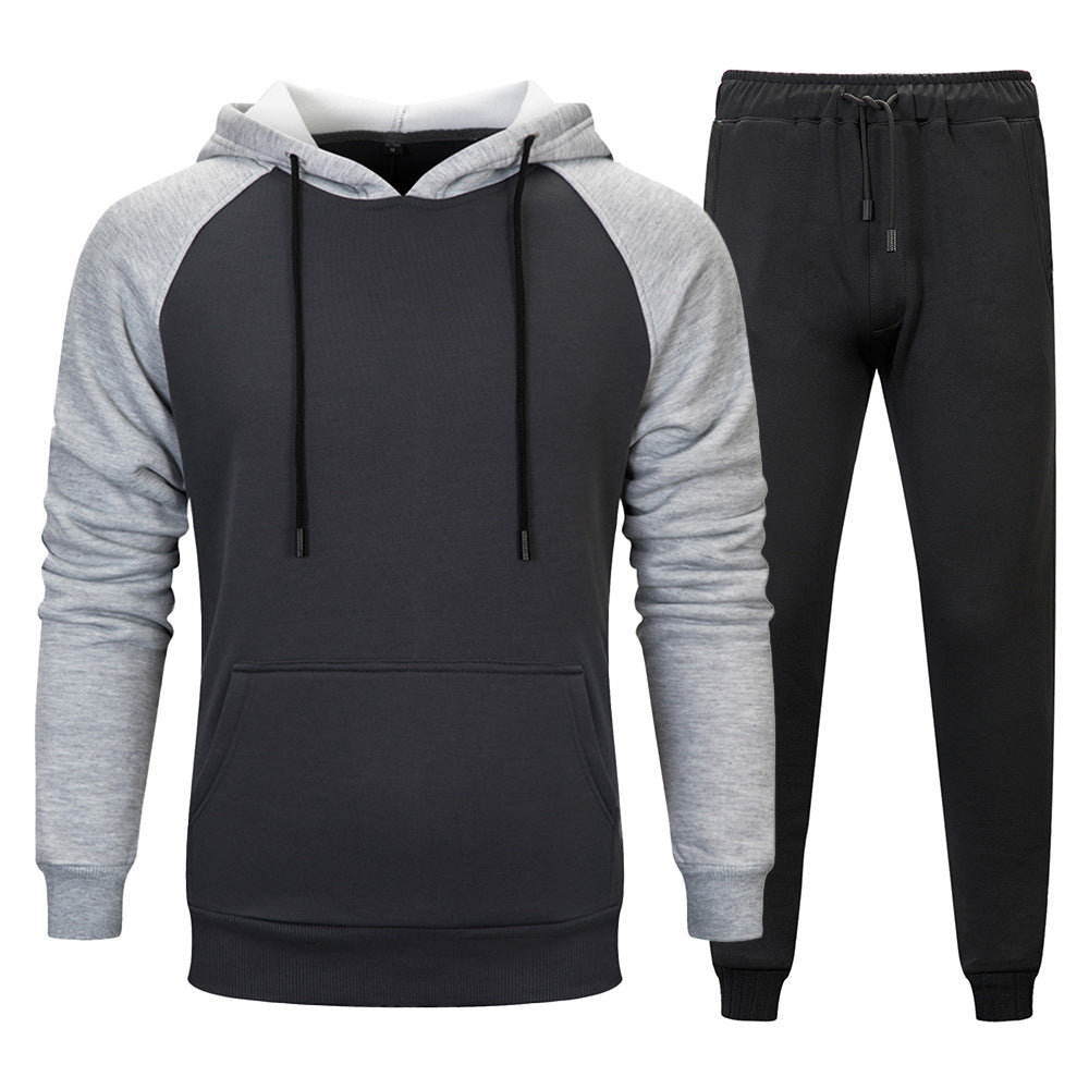 Fashion Trend Color Contrast Hooded Sweater Solid Color Waist Trousers For Men