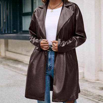 Trench-coat slim à manches longues en cuir mi-long en dentelle occidentale