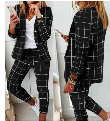 New Plaid Casual Women's Straight Trousers Suit