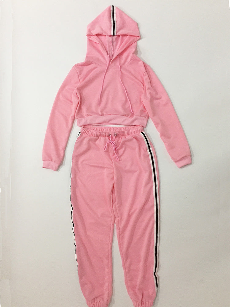 Cotton Sportswear Suit Short Hooded Sweatshirt and Straight Pants