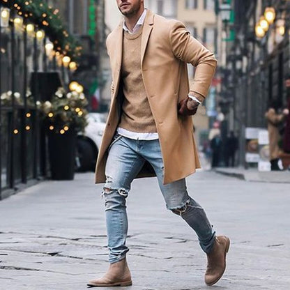 Mode vinter mäns Trench långa jackor Overcoat Classic Jackor Solid Slim Fit Outwear Hombre Män Kläder Khaki Svarta