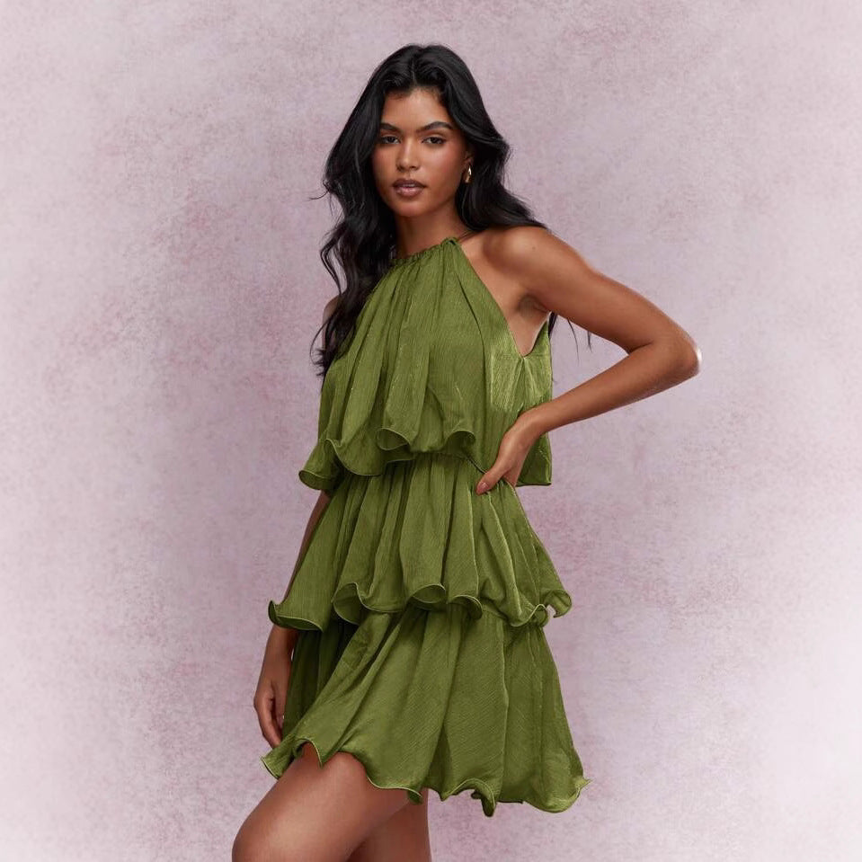 Elegant Halter Neck Sleeveless Strapless Sheer Layered Dress - Ruffled Hem Elegant Women's Summer Party Dress  Beach Vacation Outfits