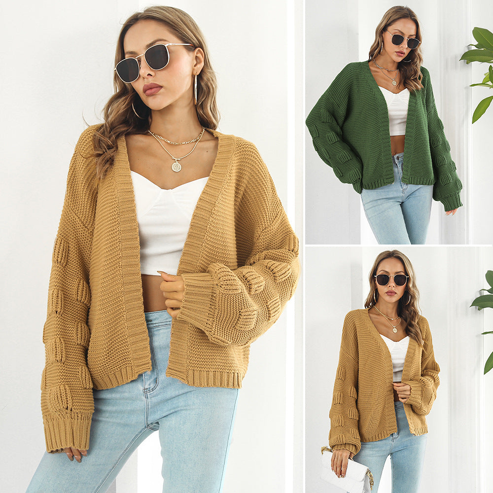 Cardigan à manches bouffantes pour femmes, pull, vêtements avant, manteau en tricot épais