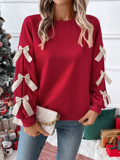 Hemp Bundle Pocket Round Neck Bow Red Christmas Sweater Girl