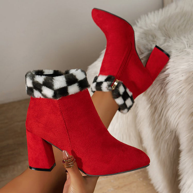 Women's Plaid Suede Ankle Boots with Square Heel