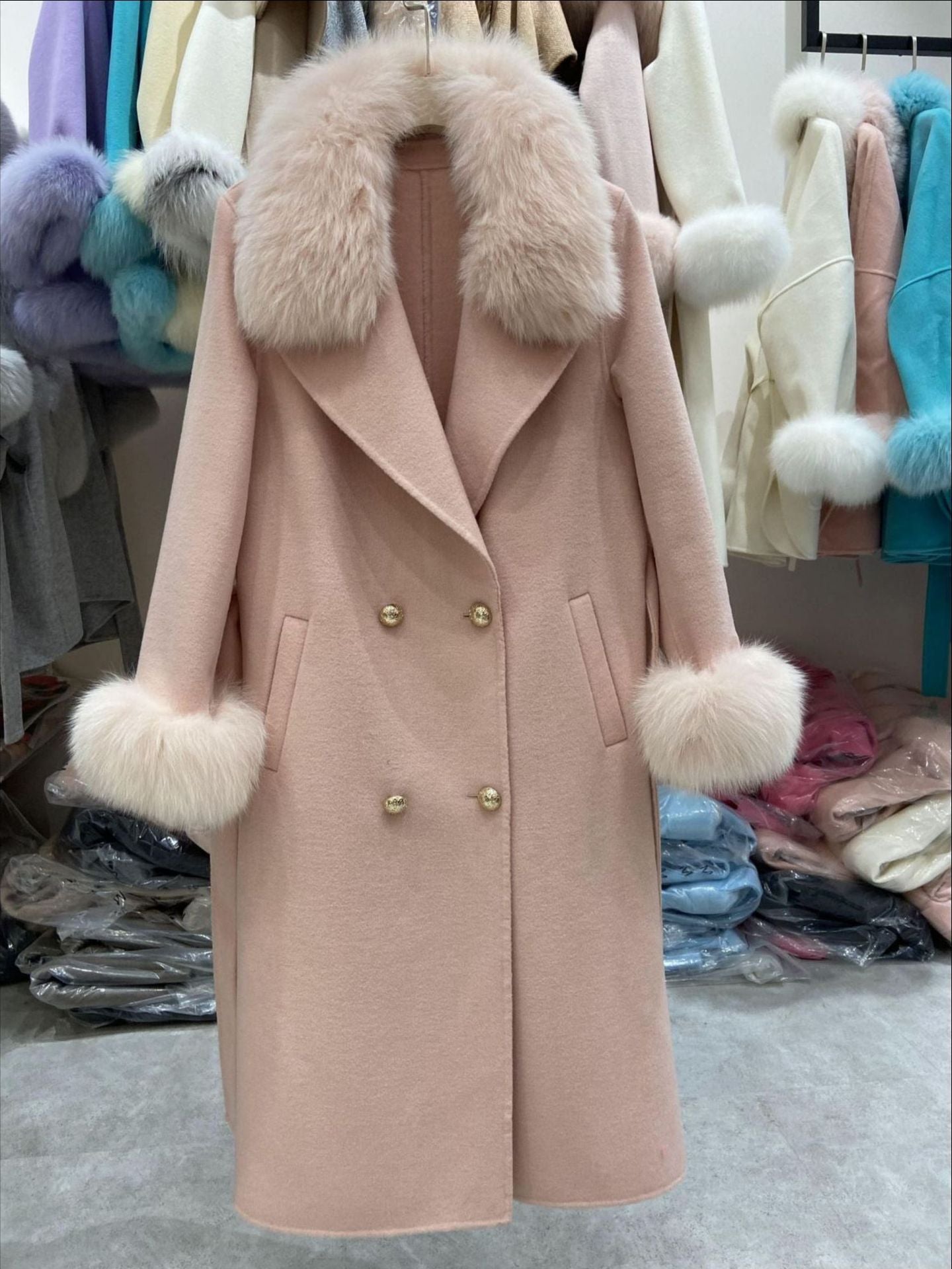 Fox Fur Collar Wool Double-sided Woolen Coat Long For Women