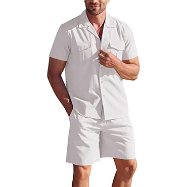 Lapel Collar Short Sleeve Shirt Set With Pockets Loose Casual Shirt And Shorts Summer