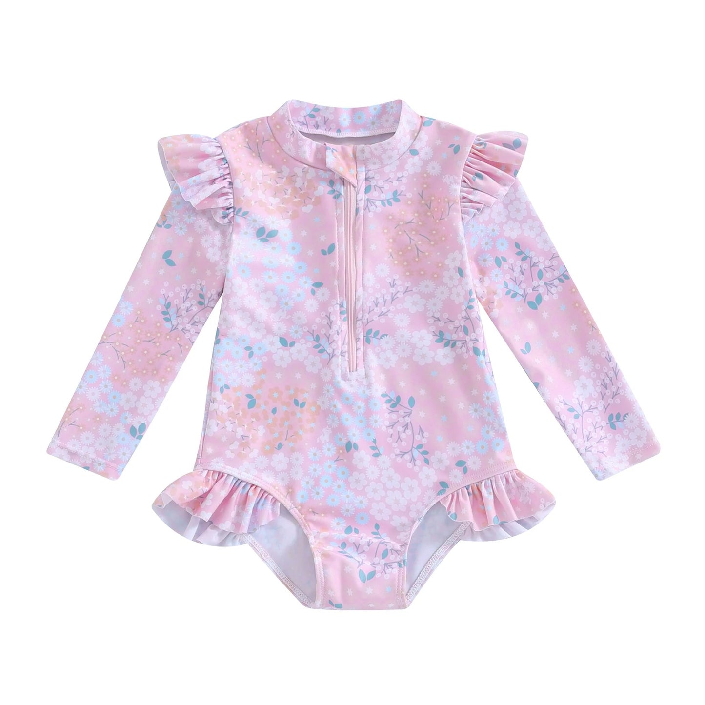 Maillot de bain pour bébé fille de 9 mois à 5 ans, imprimé Floral à volants, manches longues, fermeture éclair, vêtements de plage