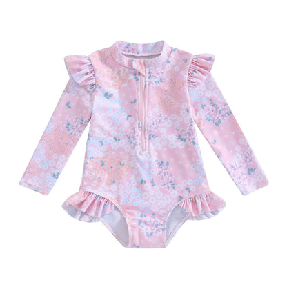 Maillot de bain pour bébé fille de 9 mois à 5 ans, imprimé Floral à volants, manches longues, fermeture éclair, vêtements de plage