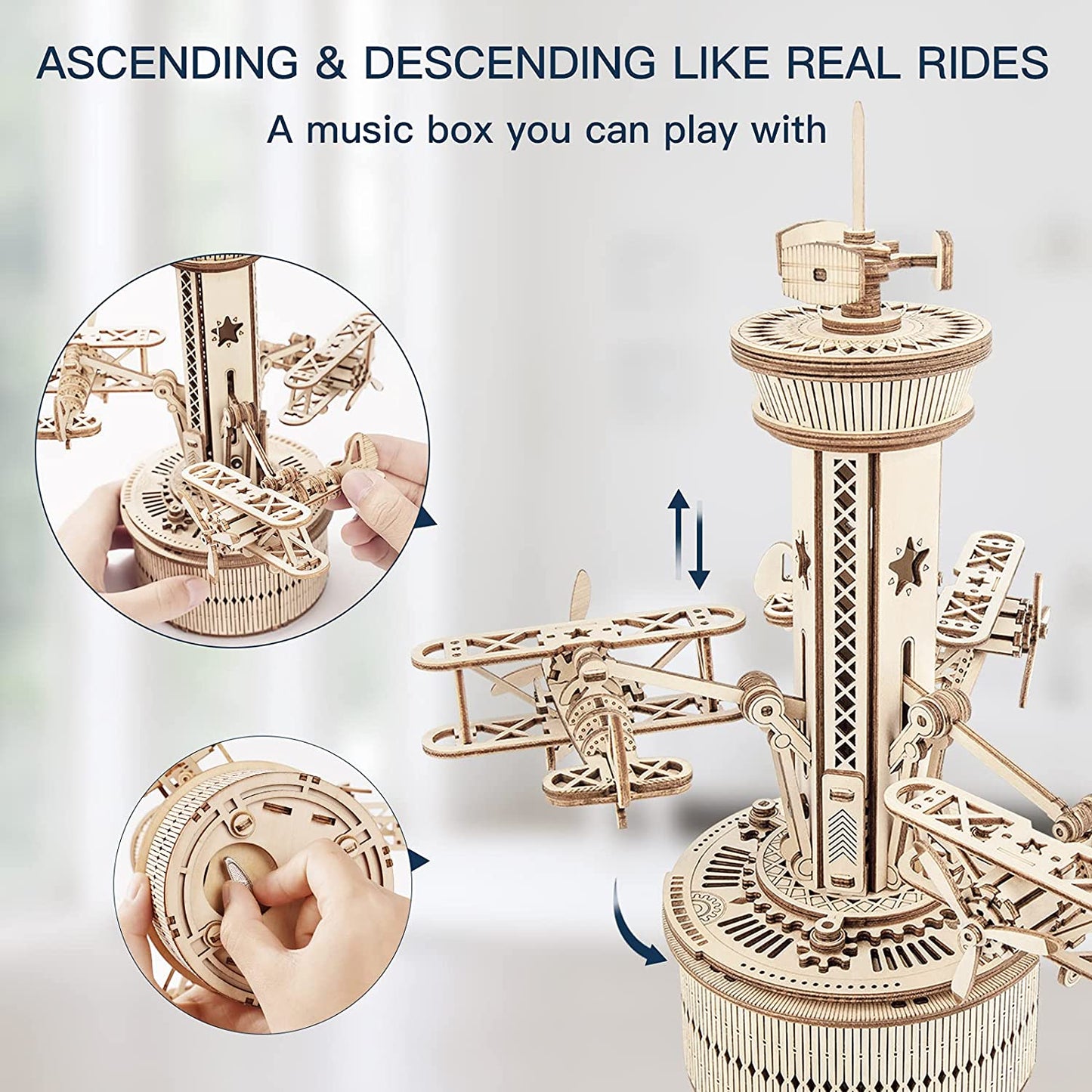 Robotime Rokr Puzzles 3D en bois pour adultes Kit de modèle de boîte à musique à monter soi-même Kit de construction à monter soi-même Tour de contrôle d'avion