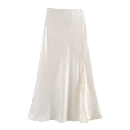 Professional One-Side Lace Satin Fishtail Skirt - Polyester High-Waisted (4 Colors, M-XL, College Style)