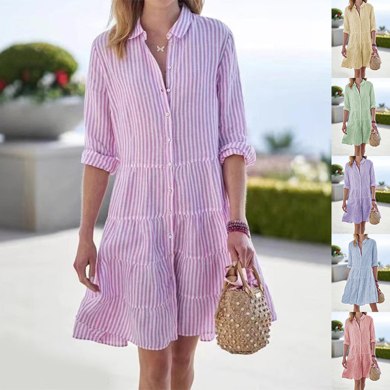 Ins Striped Long-sleeved Shirt Dress Fashion Lapel Button Dresses For Women