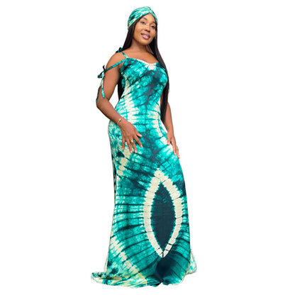 Women's Fashionable Printed Suspenders Slim Fit Long Dress