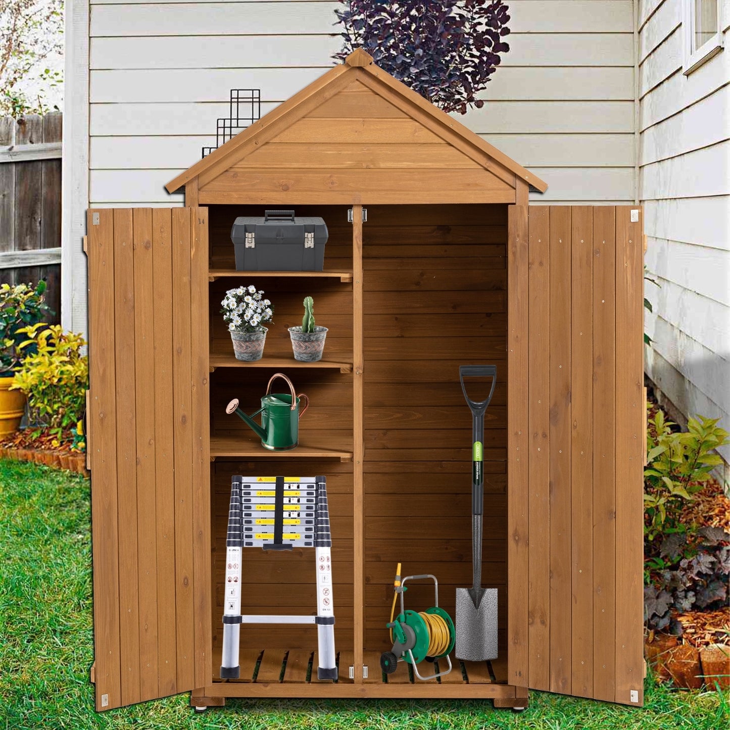 Outdoor Storage Cabinet - Garden Tool Shed, Wooden Closet With Shelves & Latch