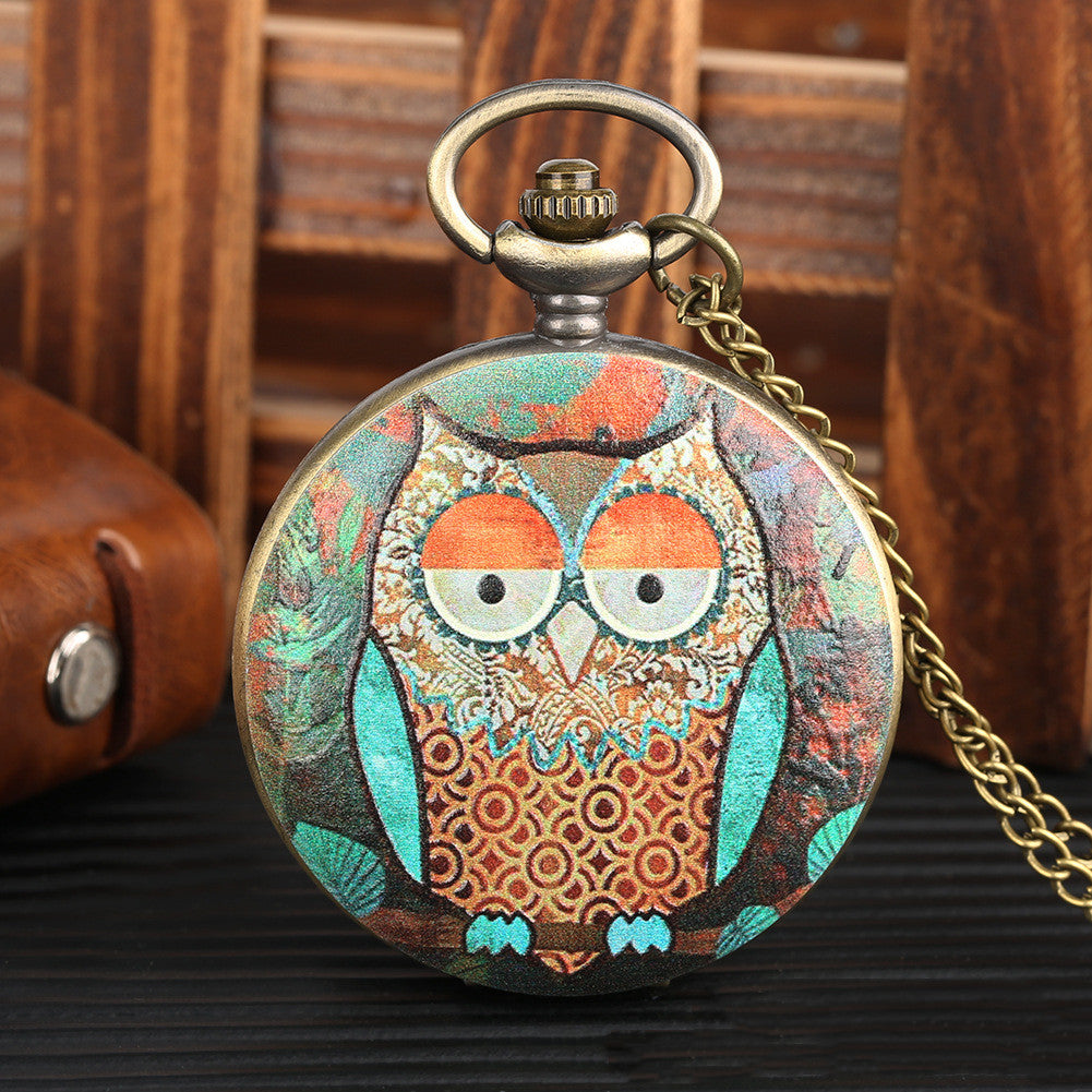 Flip Cartoon Owl Pattern Pocket Watch Cute Student's