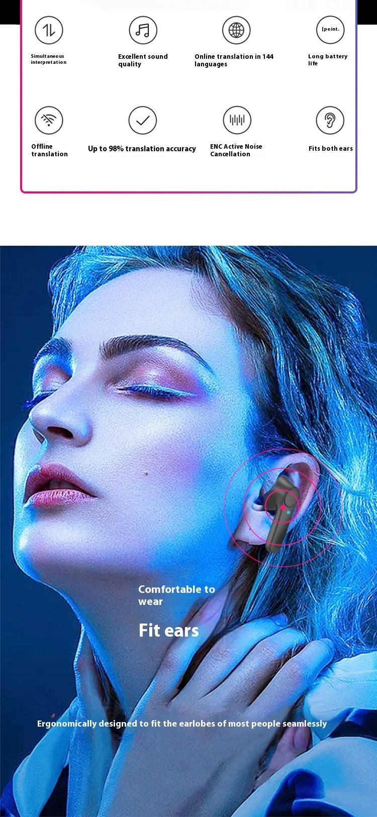 Wireless Bluetooth-compatible Translation Headphones Portable In-ear Translator