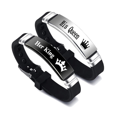 Bracelets de Couple en argent noir, son roi, sa reine, cadeau de saint valentin 