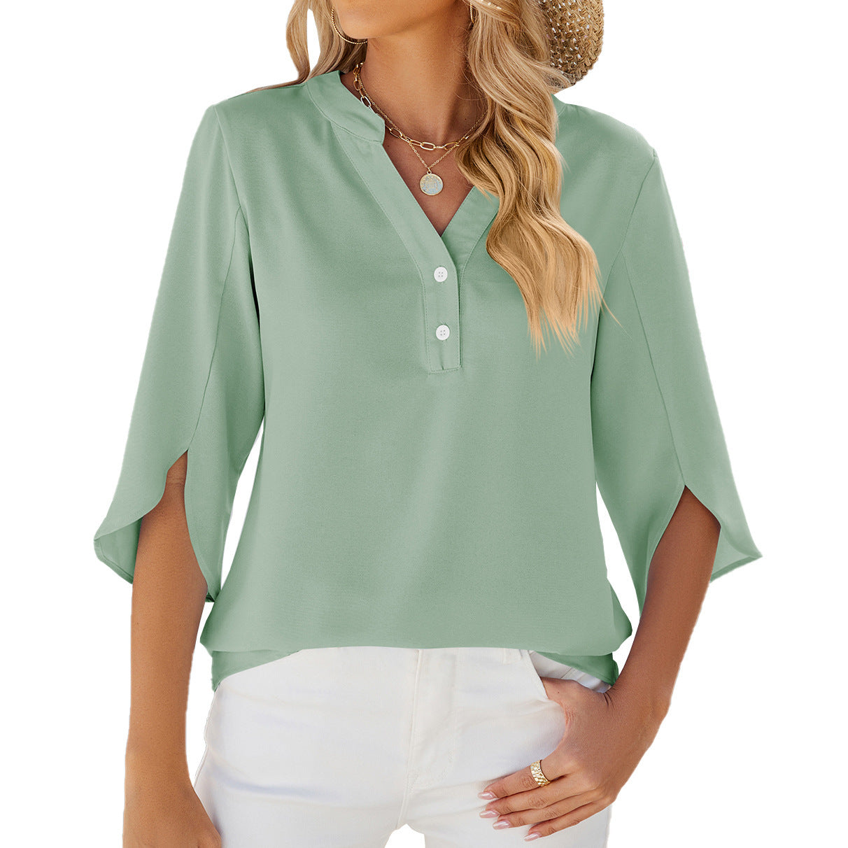 Button V-neck Mid-sleeve Chiffon Shirt Solid Color Top Womens Clothing