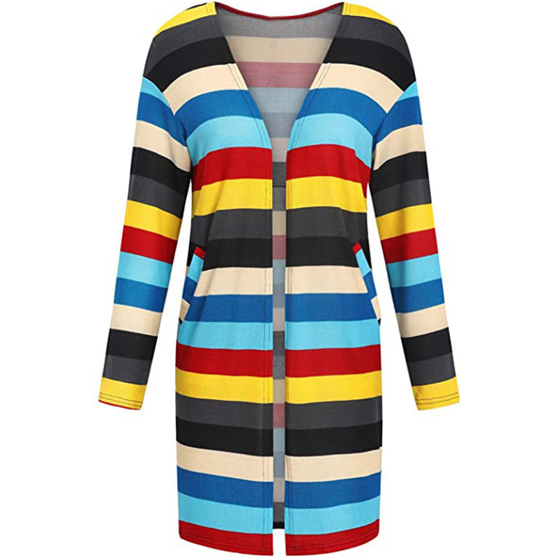 European And American Women's Jackets Striped Print Women's Cardigan Top