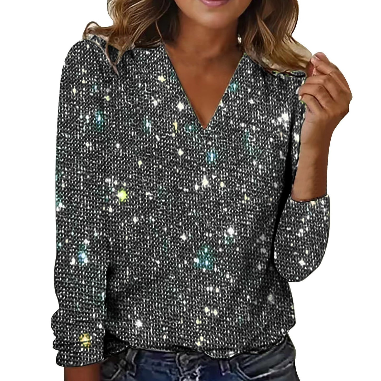 Women's Pure Color Sequins Long-sleeved T-shirt