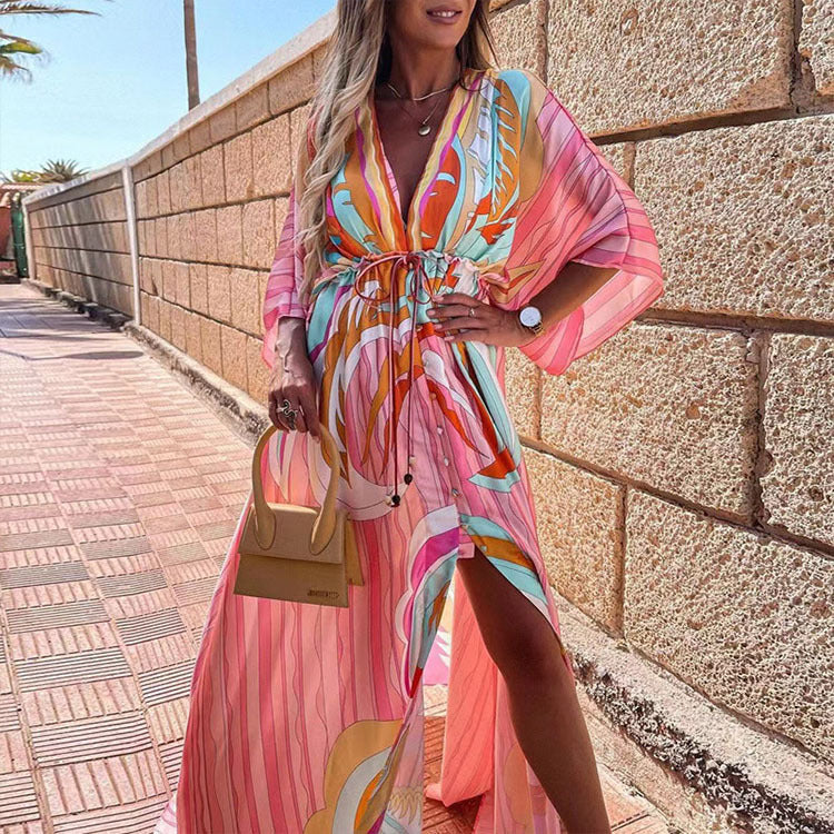 Robe longue de plage irrégulière fendue à col en V sexy