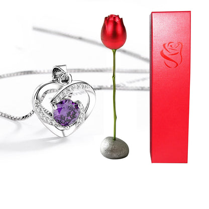 Valentines Day Gift Heart Shaped Blue Purple Crystal Diamond Pendant Rose Head Necklace