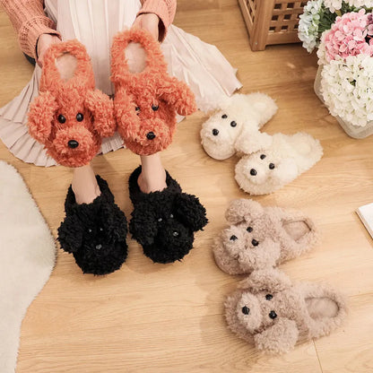 Comwarm Cute Dog Short Plush Slippers For Women Winter Warm Furry Cotton Shoes Couples Home Indoor Bedroom Cozy Slippers