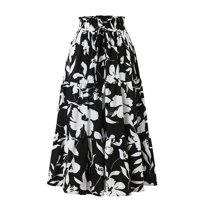 Professional European American Printed A-Line Pleated Skirt - Polyester Floral (5 Colors, S-XL, Commuting Style)