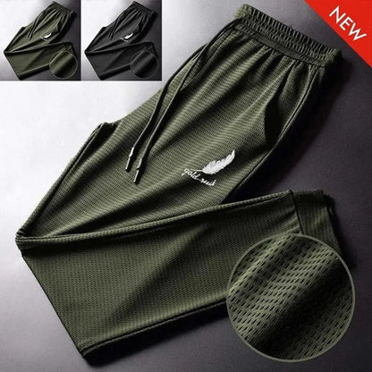 Men's Hollow Out Ice Silk Pants Mesh Breathable Casual Thin Quick Dry Pant Loose Elastic Beam Feet Pants Sports Fitness Trousers