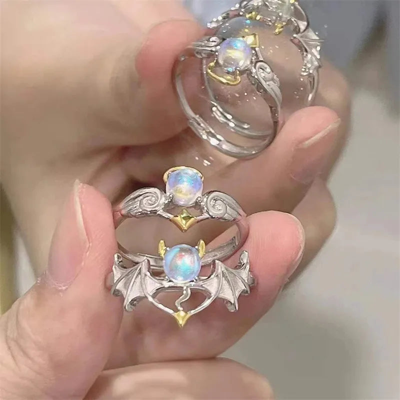 Romantic Angel and Demon Wings Couple Rings For Women Goth Fashion Moonstone Adjustable Opening Finger Men's Ring Party Jewelry