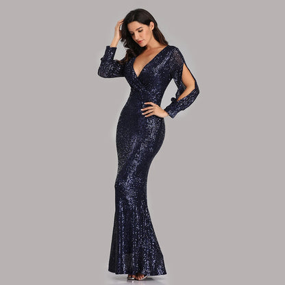 V-neck Mermaid Evening Dress Long Formal Prom Party Gown Full Sequins long Sleeve Galadress Vestidos Women Dresses