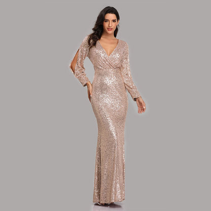 V-neck Mermaid Evening Dress Long Formal Prom Party Gown Full Sequins long Sleeve Galadress Vestidos Women Dresses