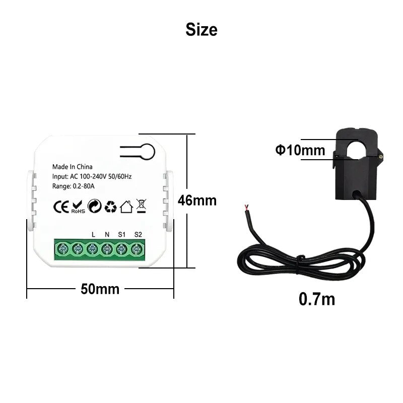 Tuya Smart Life WiFi Energy Meter 80A with Current Transformer Clamp KWh Power Monitor Electricity Statistics110V 230V 50/60Hz