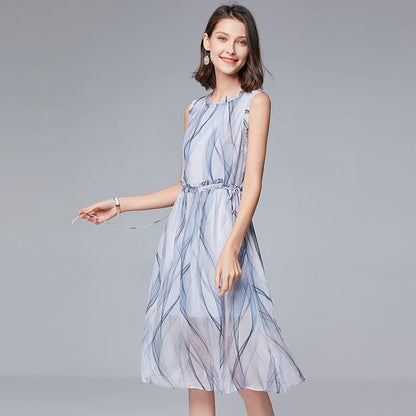 women's middle school long sleeveless fungus edge waist drawstring stripe elegant Fairy Dress