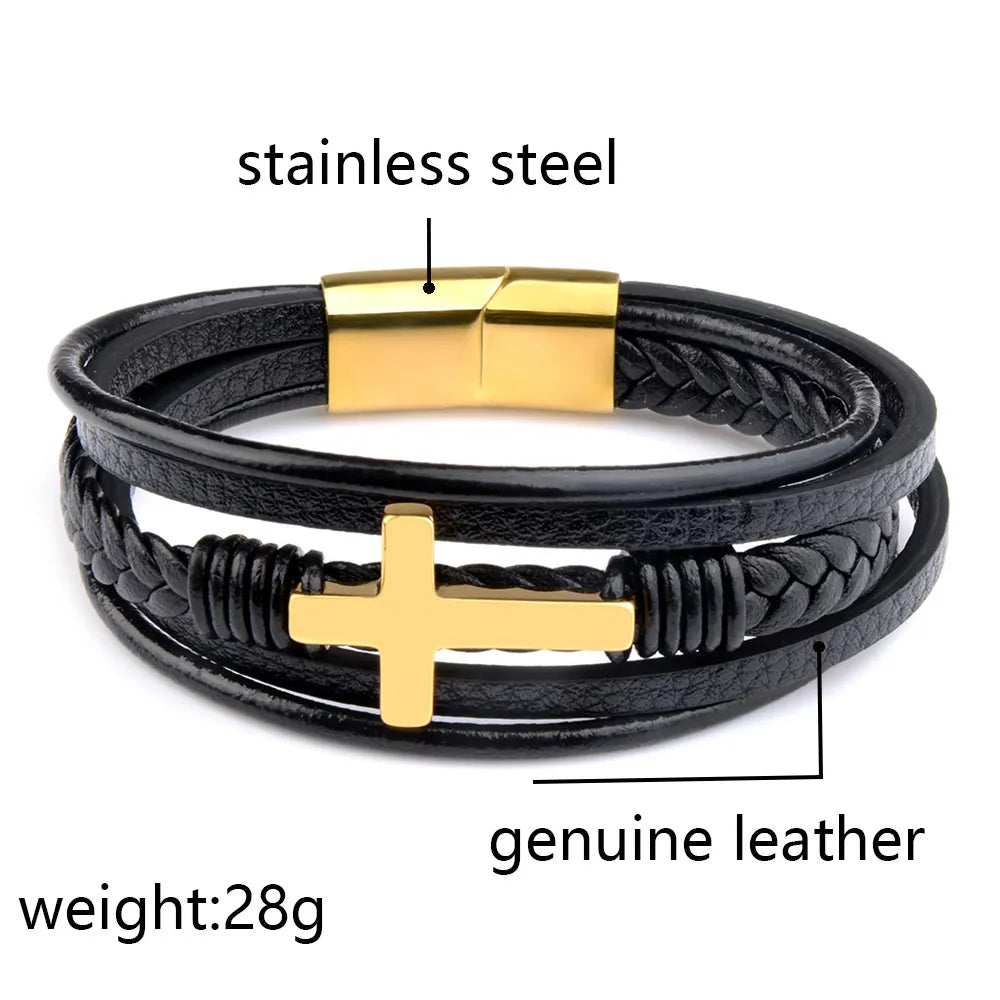 Classic Design Cross Bracelets Men Genuine Leather Stainless Steel Magnet Clasp Charms Hand Bracelet Homme Men's Christmas Gifts