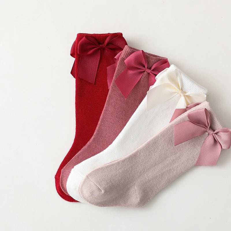 Chaussettes hautes et longues en coton pour bébés filles, nouvelle marque, automne hiver, avec gros nœud, Style espagnol, chaussettes de sol pour enfants