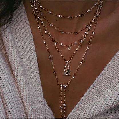 New Vintage Crystal Geometry Star Moon Lock Necklace For Women Boho Multi-level Pendants Necklaces Chokers Jewelry Gift