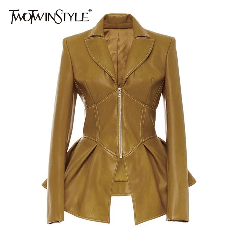 Biker Style Patchwork Irregular Jacket Women Lapel Collar Long Sleeve High Wait Tunic Female Coat