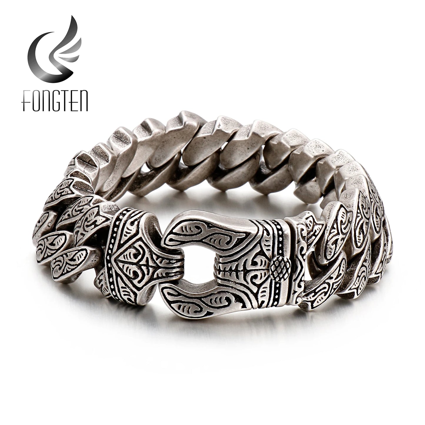 Fongten Vintage Bracelet For Men Unique Carving Cuban Link Chain Stainless Steel Men's Bracelets Bangle Viking Fashion Jewelry